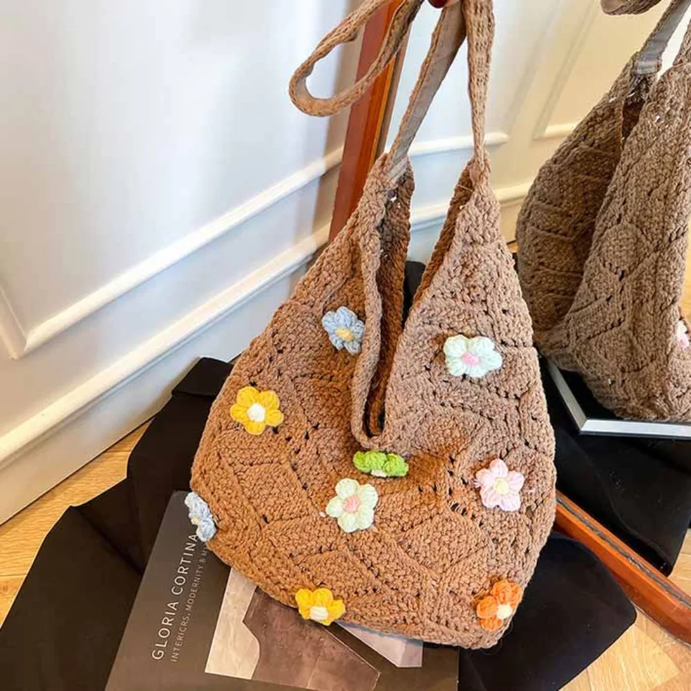 

Casual Hollow Out Flower Knitting Bag Tote Bag Bohemian Style Beach Bag Beach Handbag Large Capacity Hollow Shoulder Bag Summer