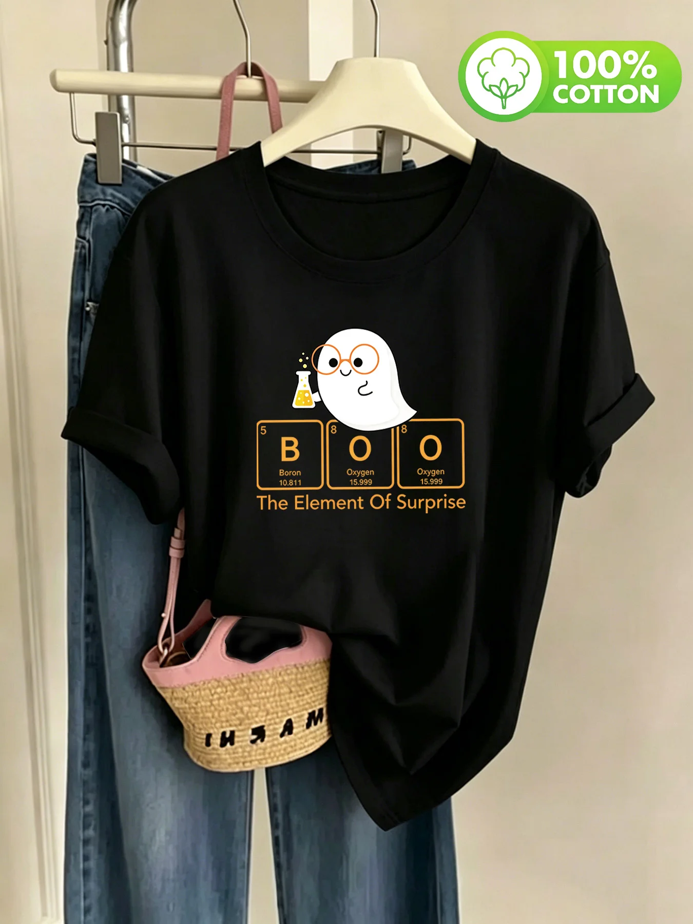 Chemical Element BOO Wearing Glasses Ghost Experiment Test Tube Printed Women's T-shirt Simple and Funny Casual Round Neck Top