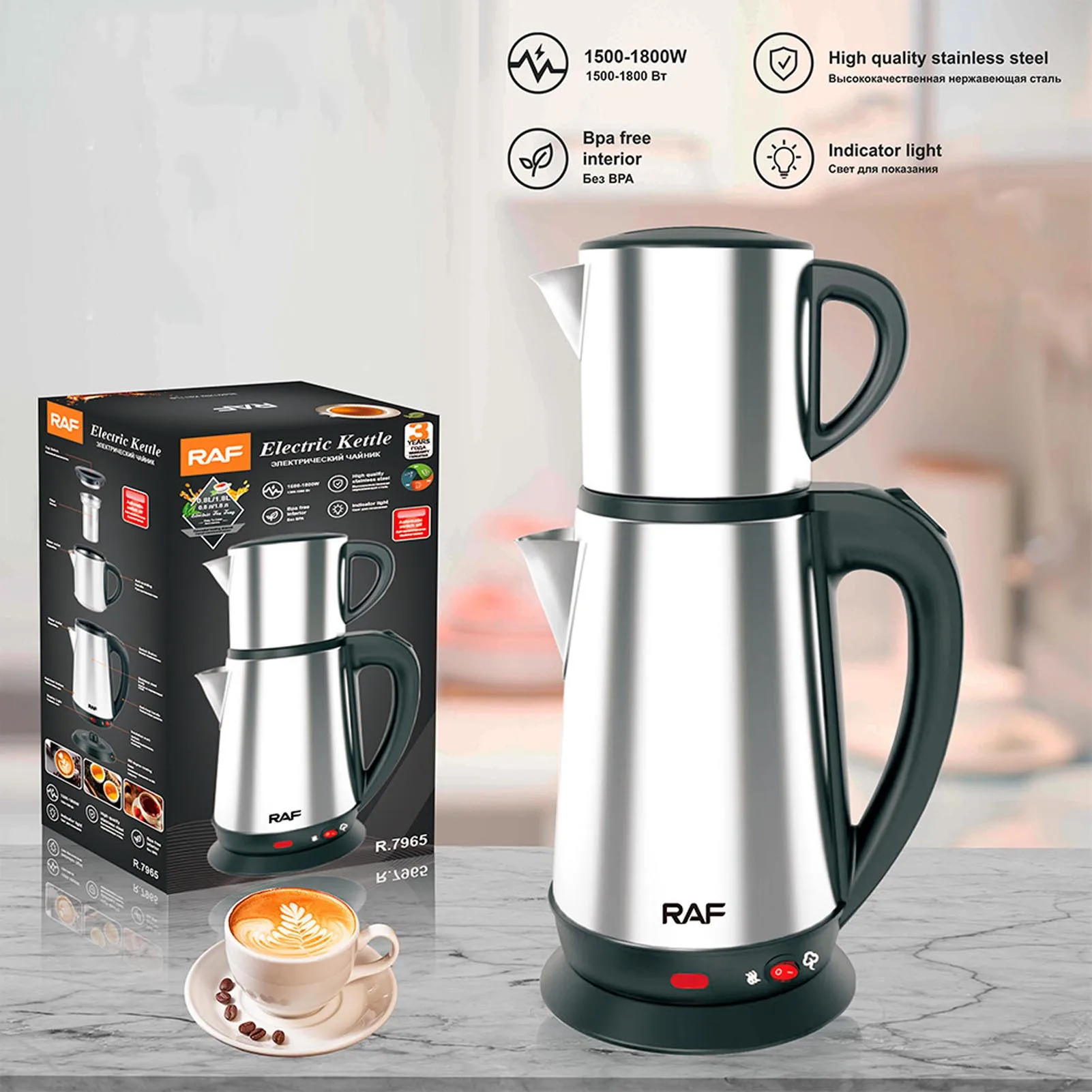 مجموعة غلاية كهربائية تركية 1 لتر 2 لتر سعة كبيرة من الفولاذ المقاوم للصدأ ماكينة صنع شاي الأعشاب السوداء غلاية منزلية مزدوجة مجموعة إبريق الشاي التركي