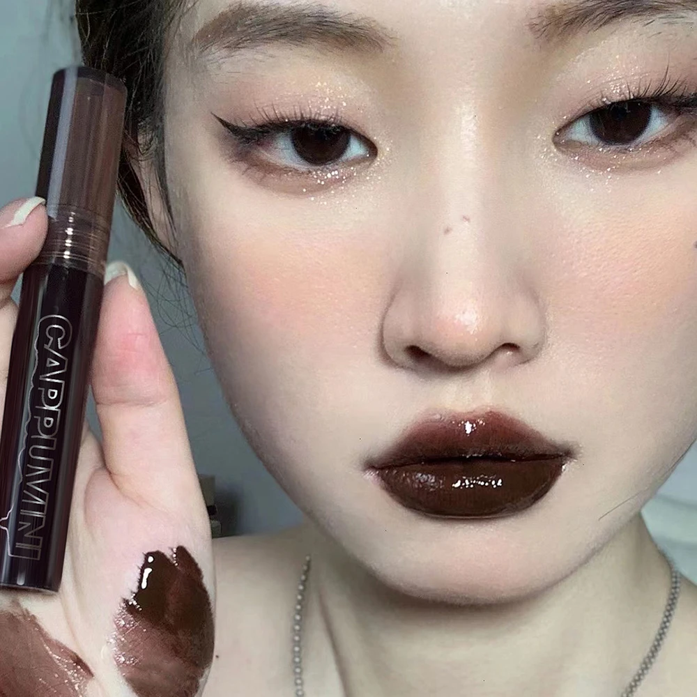 Black Tea Brown Lip Gloss Mirror Transparent Glass Lip Glaze Lava Chocolate Liquid Lipstick Non-stick Lip Tint Makeup Cosmetic