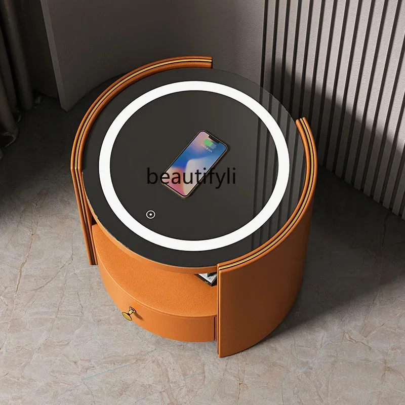 

Light luxury smart wireless charging round bedside table bedroom multi-function with night light small a16