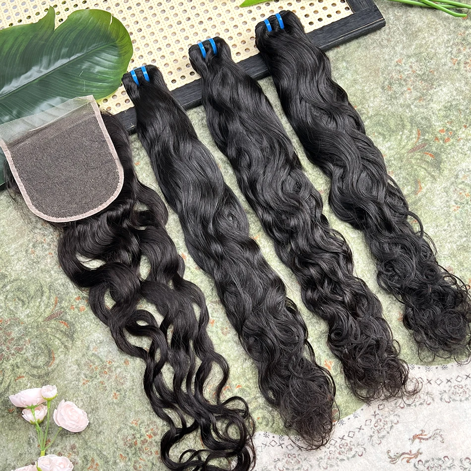 Bundles With 5x5 Transparent Lace Closure 18A Natural Wave Human Hair Weave Extensions #1B Natural Color Virgin Hair Bundle Deal