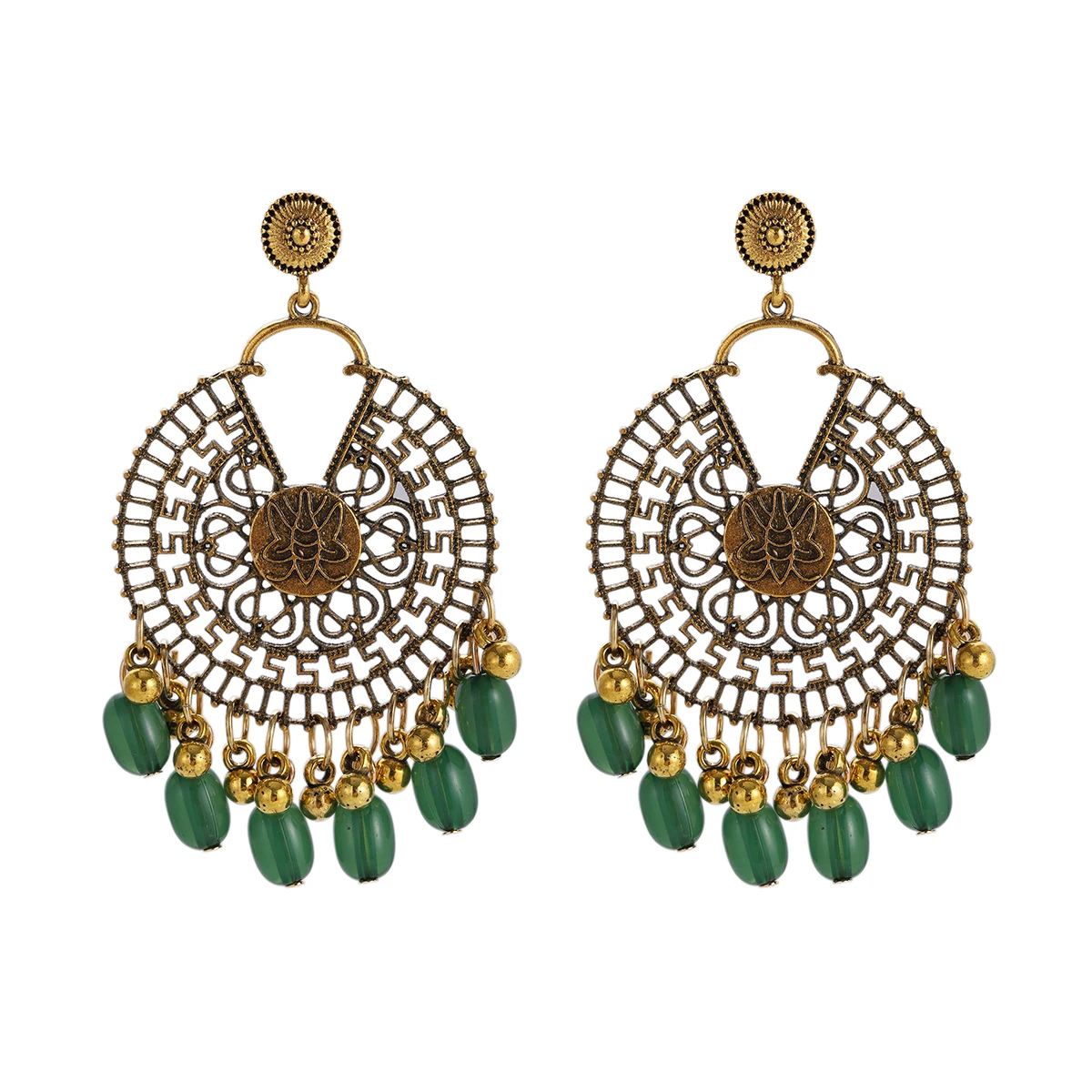 Ethnic Gold Color Hollow Indian Earring for Women Retro Antique Carving Butterfly Round Tassel Earrings Wedding Party Jewelry