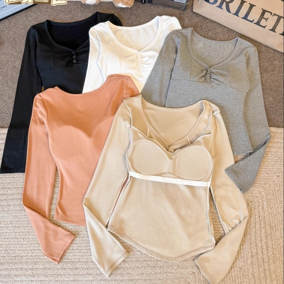 Autumn New Sweet Style Fleece V-neck Button Splice Long Sleeve Women's Slim Fit Fixed Belt Chest Pad Versatile T-shirt