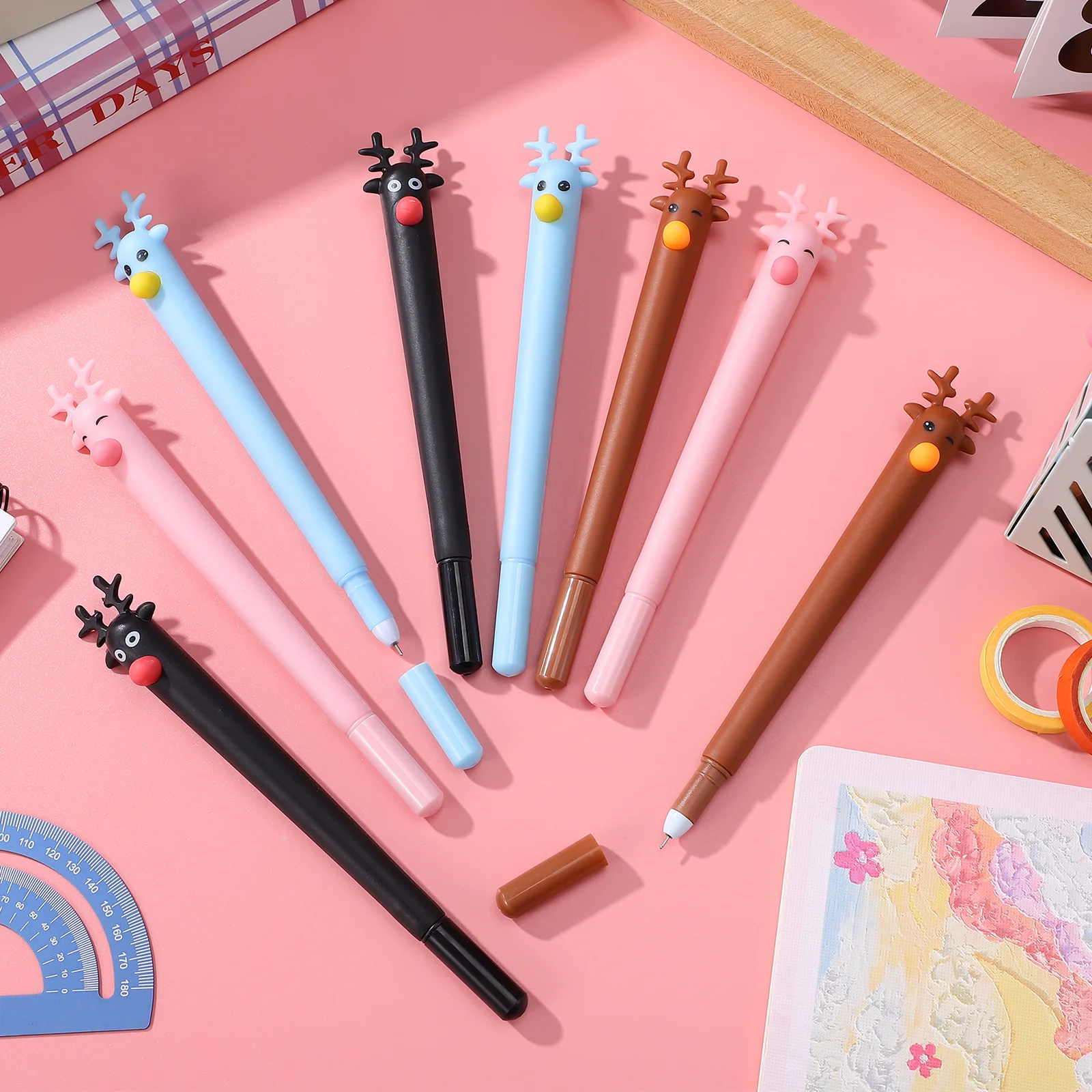 

24pcs Christmas Deer Shaped Ballpoint Pen Blue Ink Mini Pens Umbrella Design Smooth Writing Comfortable Grip For School Office