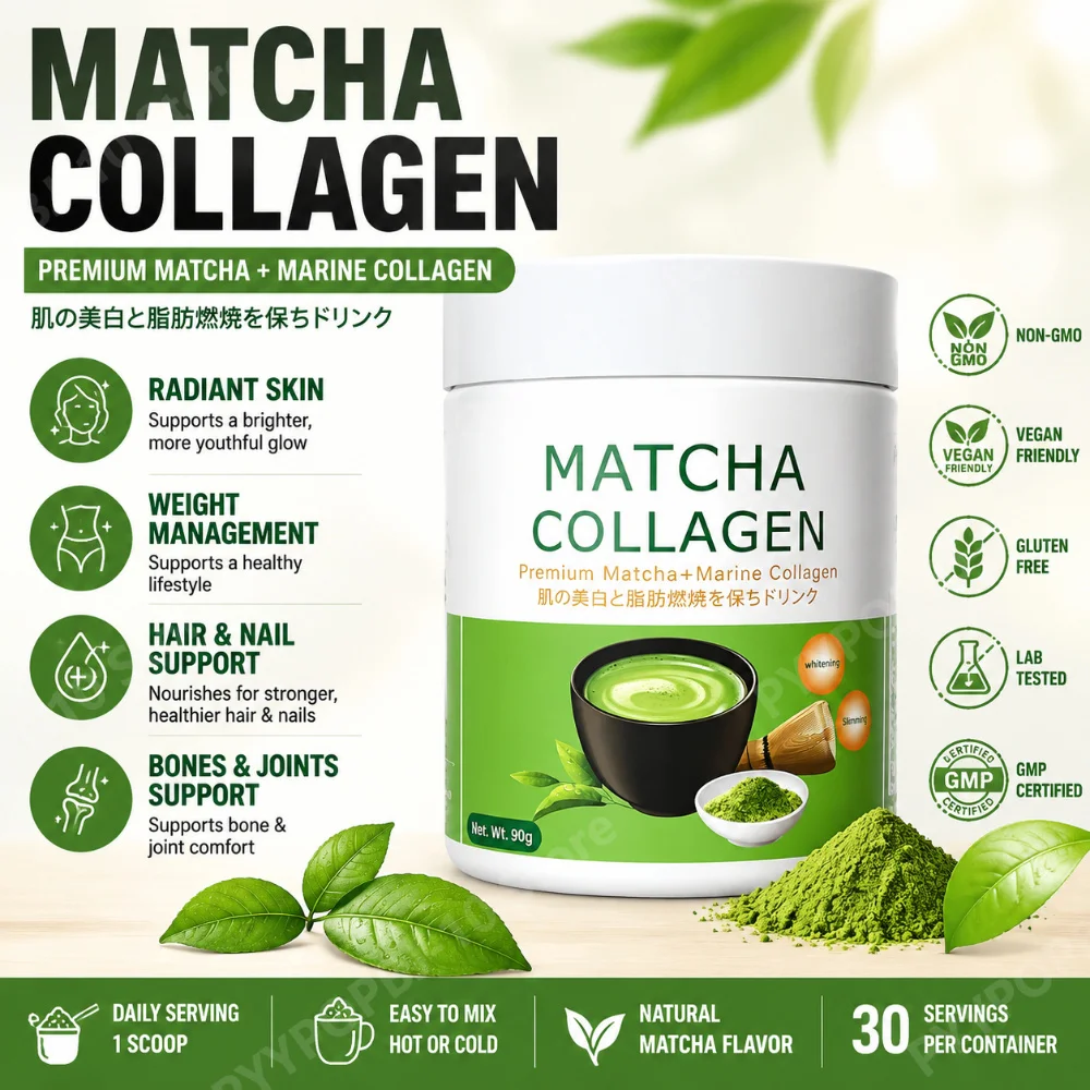 Matcha Collagen, Té Verde Orgánico en Polvo para la Salud Intestinal, Apoyo a las Articulaciones, Energía, Cabello, Piel y Uñas, Sin Gluten, 90g