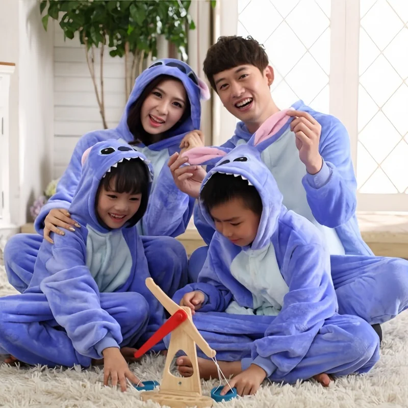 MINISO Disney Stitch Kids One-pieces Home Suit Cartoon Cute Winter Keep Warm Pajamas Coral Velvet Robe Kawaii Party Sleepwear