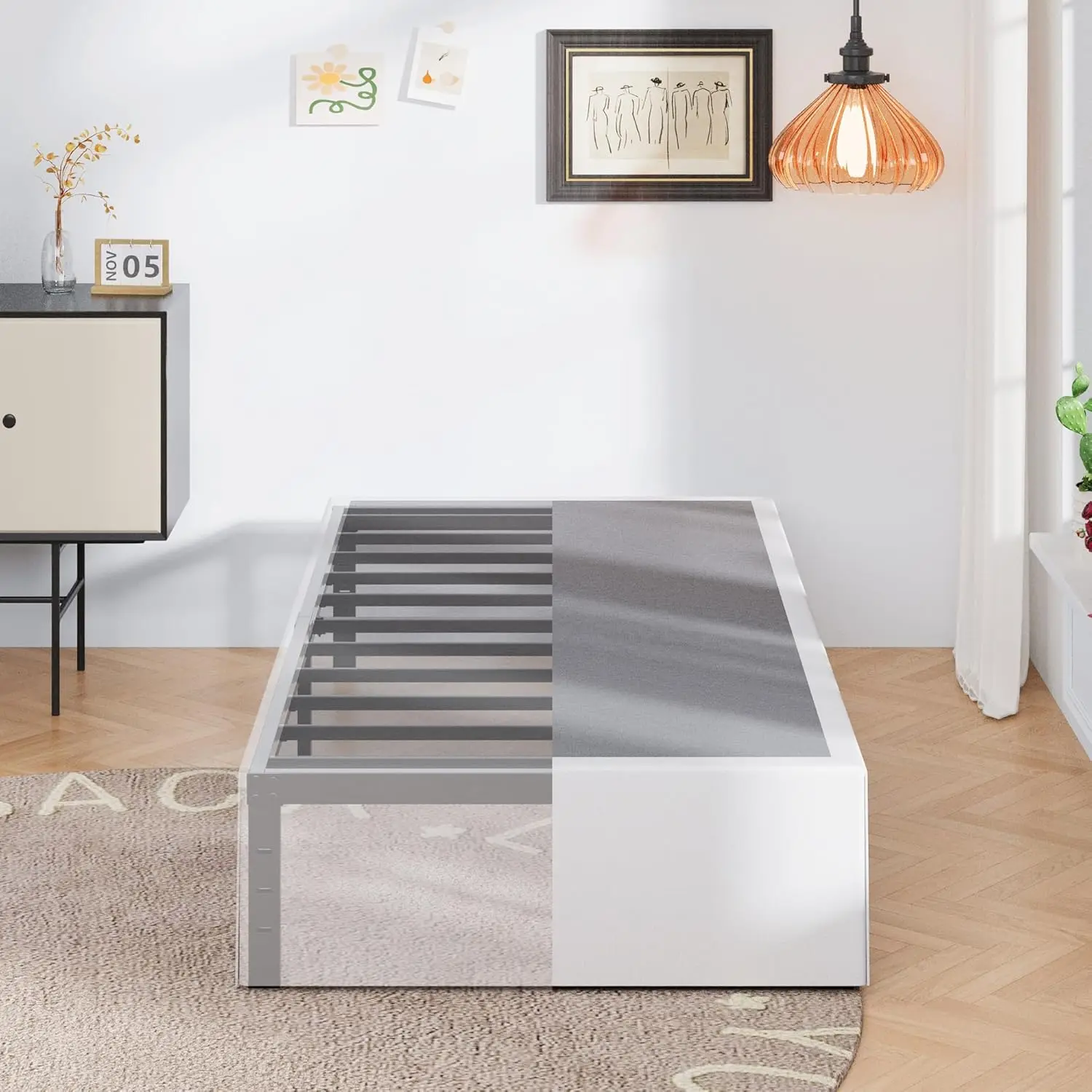 

16 Inch Twin Bed Frame with Storage, White Skirt Cover, Heavy Duty Metal Platform, Easy Assembly