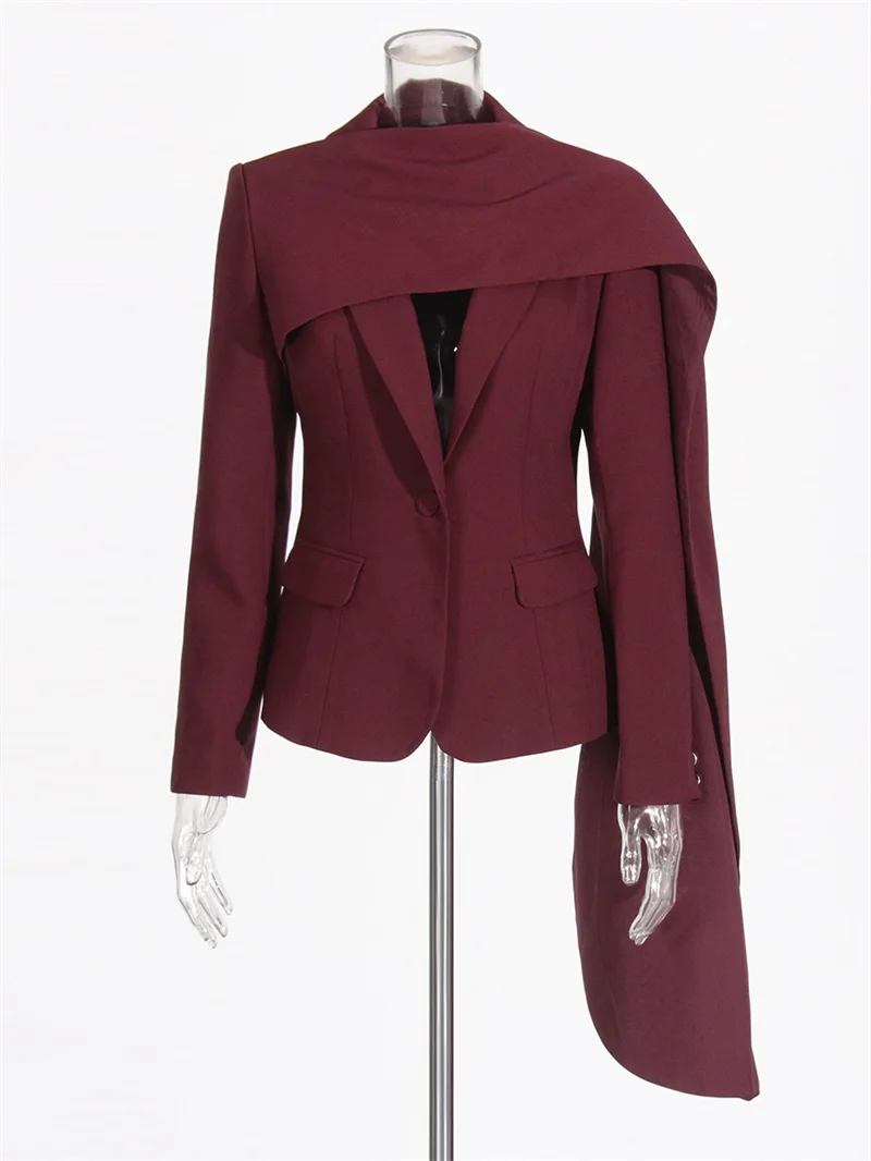 Manteau Professionnel pour Femme, Haut de Gamme, Atmosphérique, Rétro, Rouge Angora Trempé, Châle Patchwork, Ruban, Poche à la Taille, Nouvelle Collection 2024