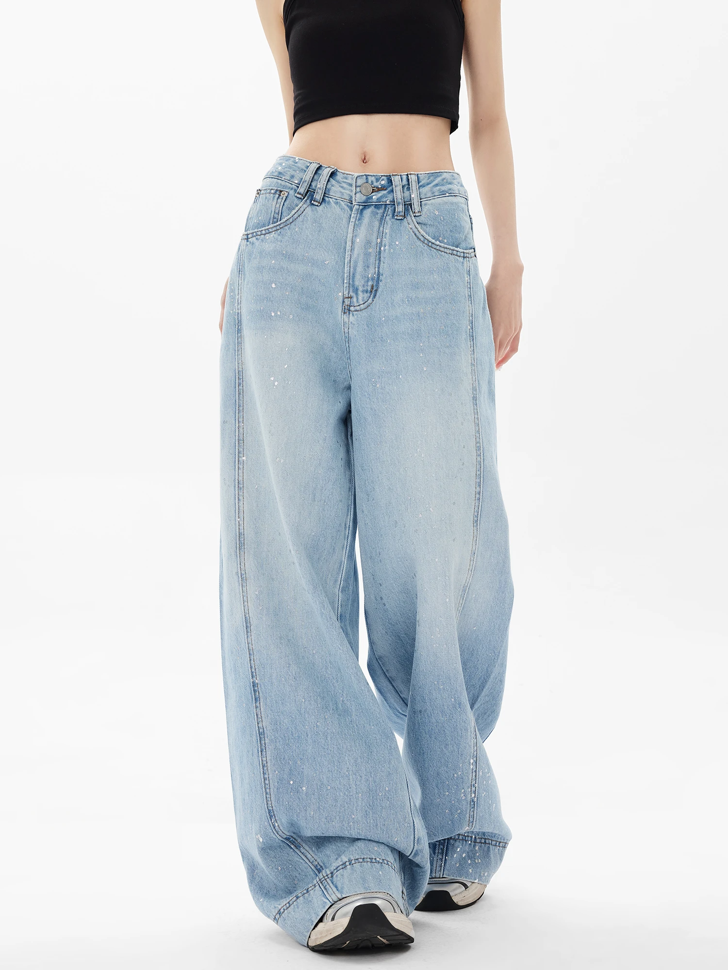 

American Style Loose High Waist Straight Leg Blue Jeans Women Summer New Style Slimming Wide Leg Cotton Denim Pants