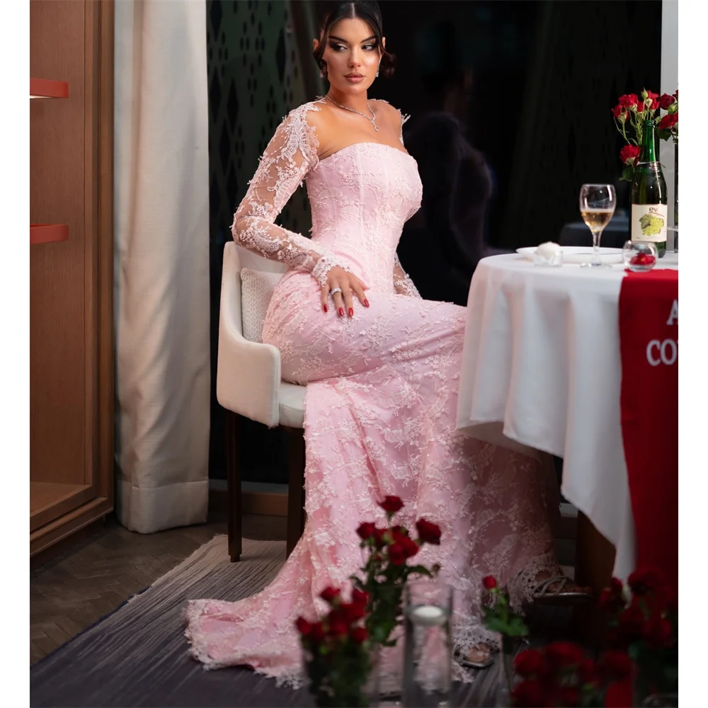 Lorrtta Lace One-Shoulder Pink Mermaid Elegant Evening Gown Formal Wedding Dress Premium Designer Beautiful Lace Customized