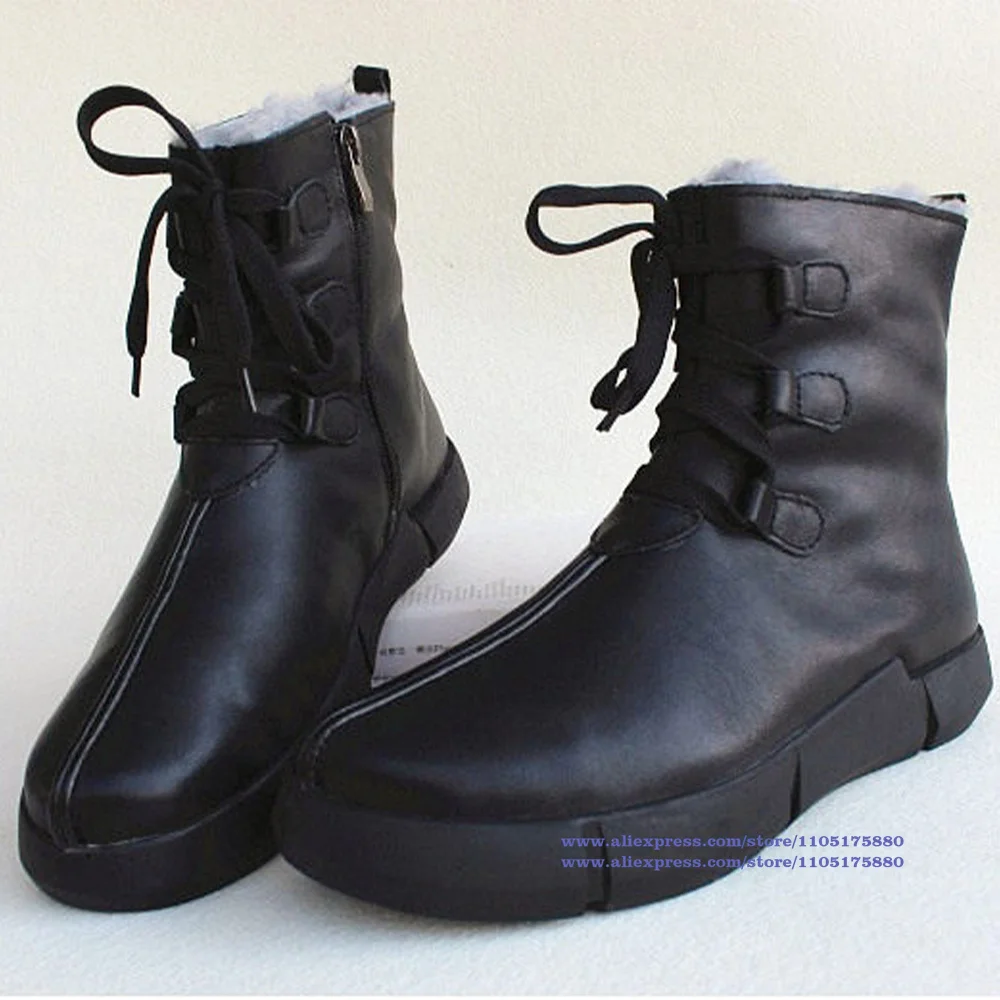 Black Leather Men's Snow Boots Side Zipper Soft Leather Soft Sole Lace Up Ankle Boots Designer Winter Men's Shoes Botas Mujer