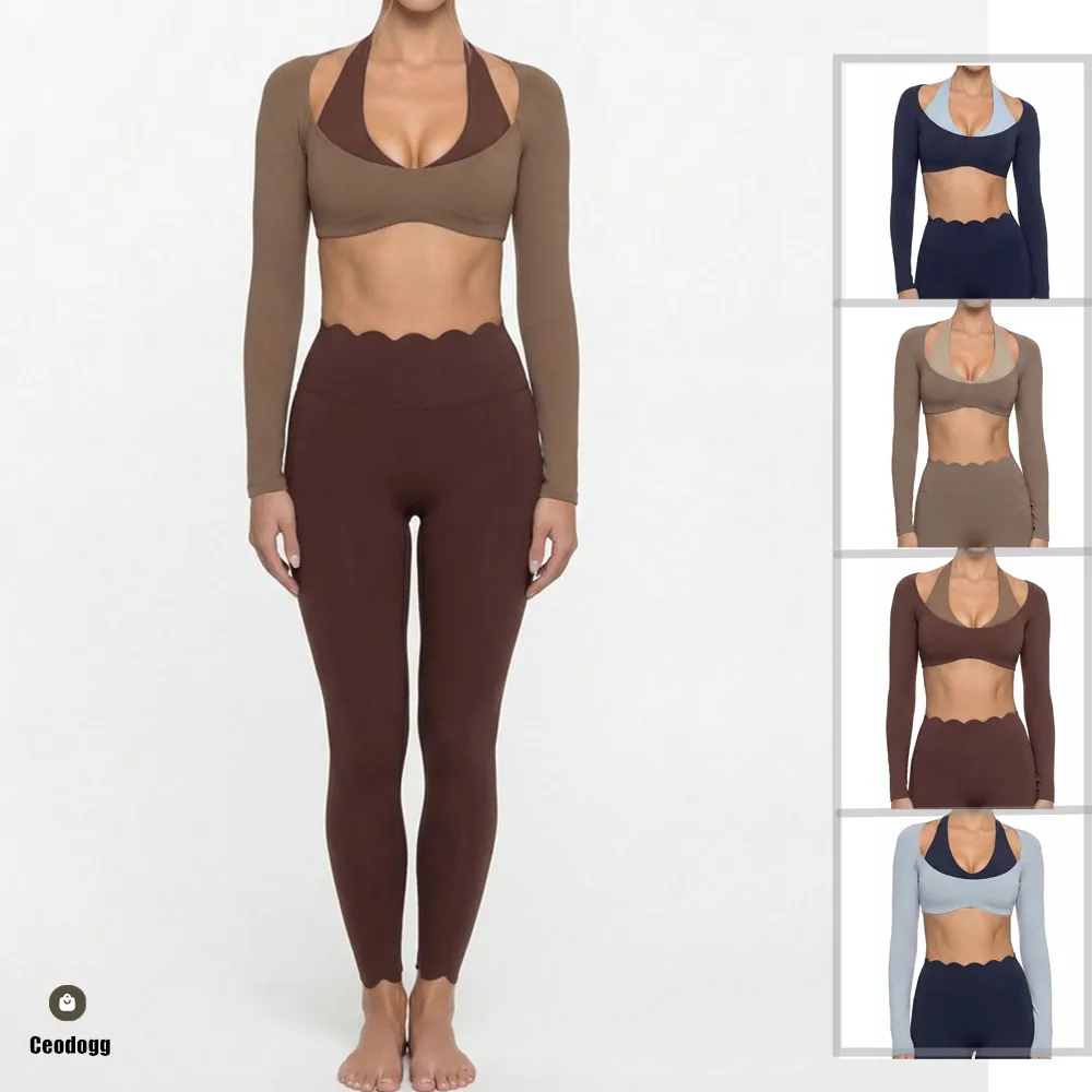 Pad Women Sportswear Yoga Set Nude Crop Tops High Waist Workout Legging Gym Fitness Exercise Active Wear Outfit Suit XP198