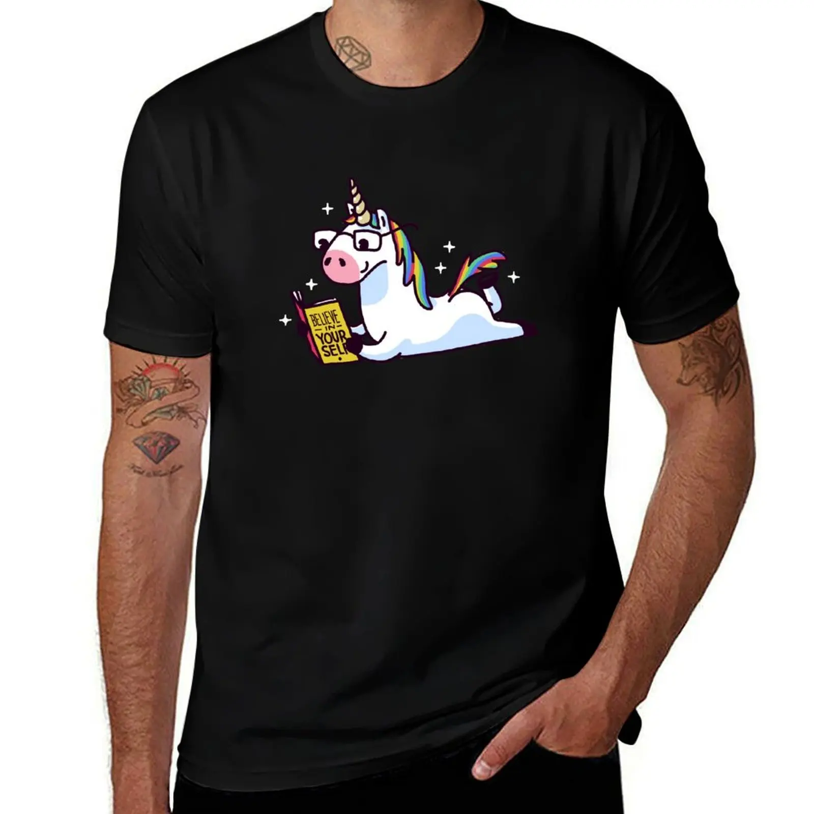Unicorn Reading Book Believe in Yourself Floor T-Shirt Soft Stretch Short Sleeve Top
