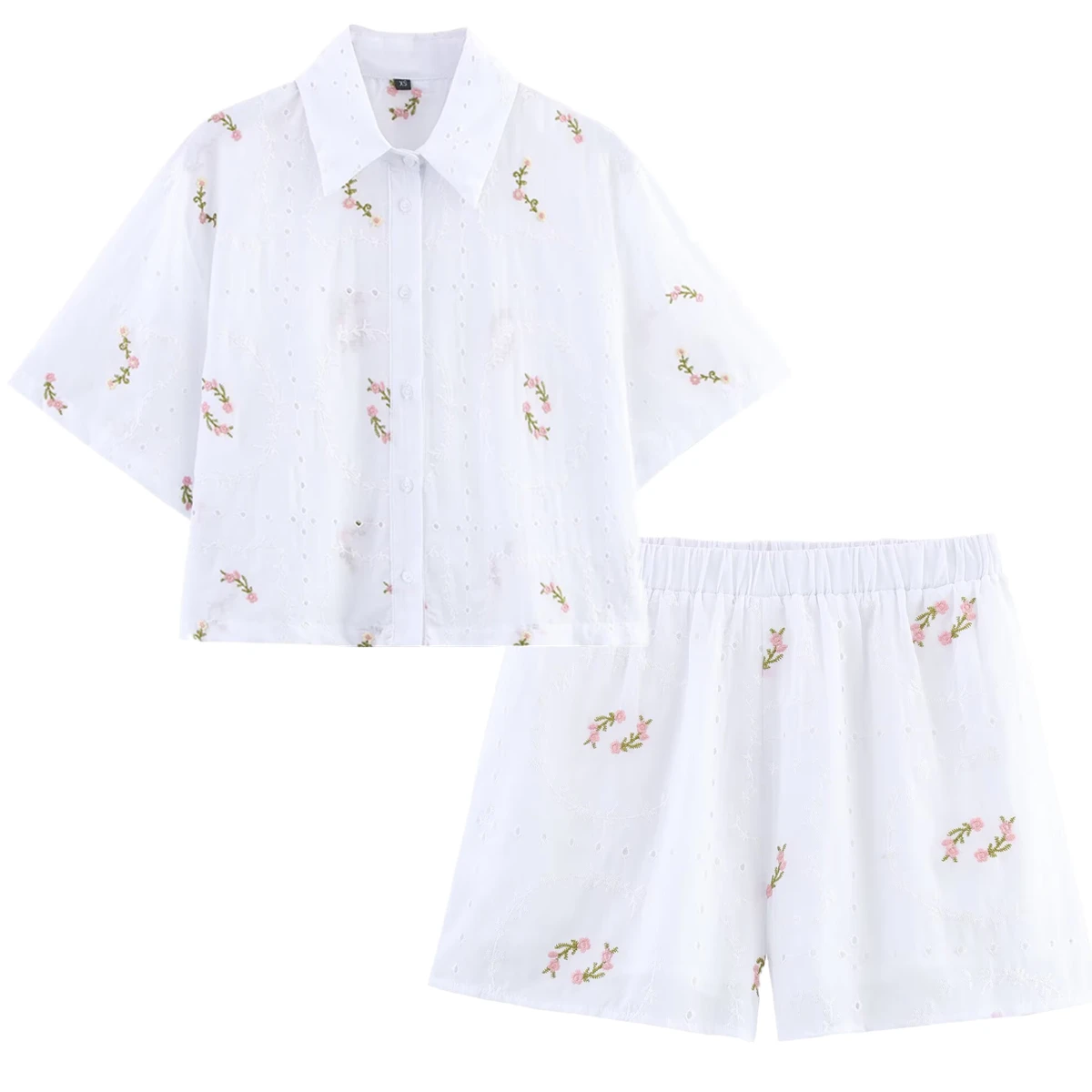 

Dave&Di French Country Floral Embroidered Cotton Shirt And Shorts Pants Suits Minimalist White Loose Blouse Bermuda Sets Women
