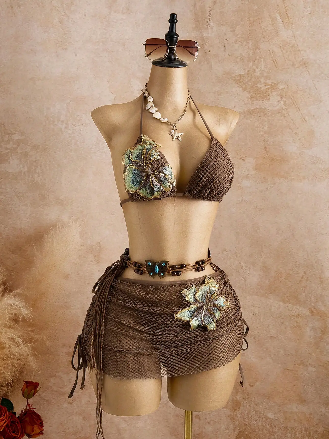 

Brown Floral Mesh Bikini Set With Skirt Beach Swimwear For Women