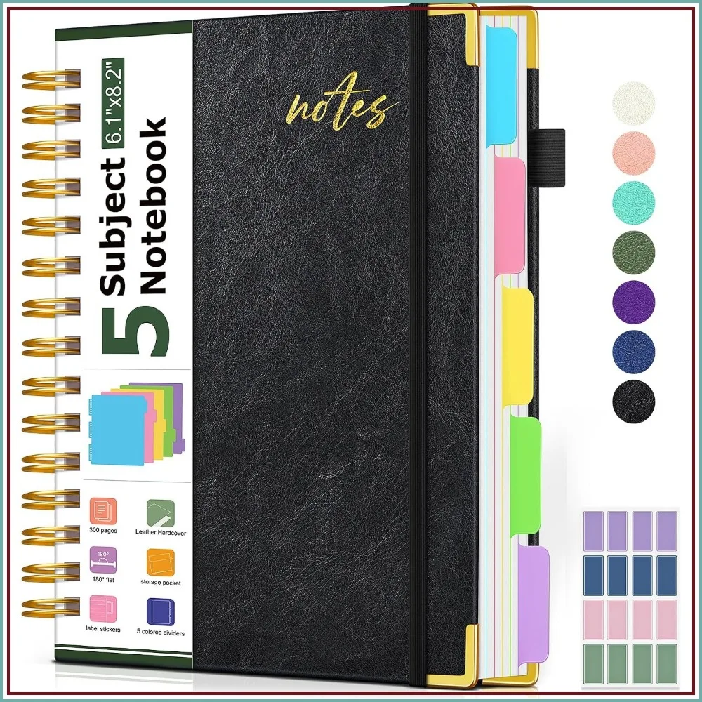 Leather 5-Subject Spiral Notebook 8.5x11, 300 Pages, College Ruled, Removable Dividers, Black