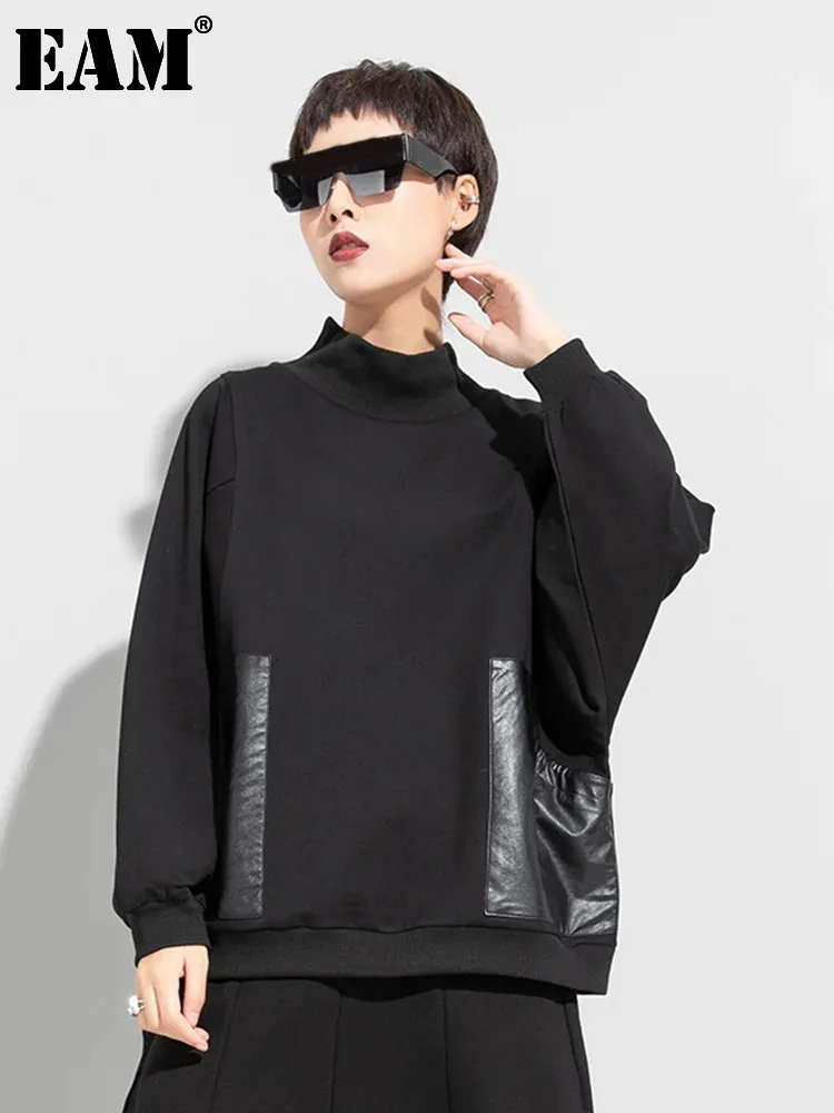 

[EAM] Loose Fit Black Pu Leather Sweatshirt New Turtleneck Long Sleeve Women Big Size Fashion Tide Spring Autumn 2024 1DF4776