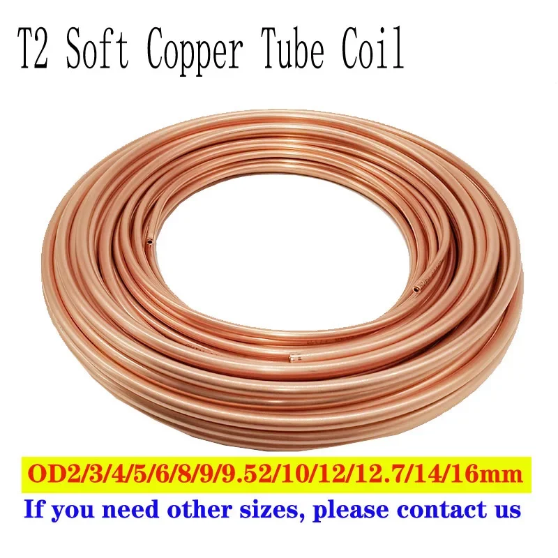 Soft Copper Tube Coil OD 2mm/3mm/4mm/5mm/6mm/8mm/10mm/12mm T2 Copper Seamless Round Pipe Tubing Refrigerators Air conditioners