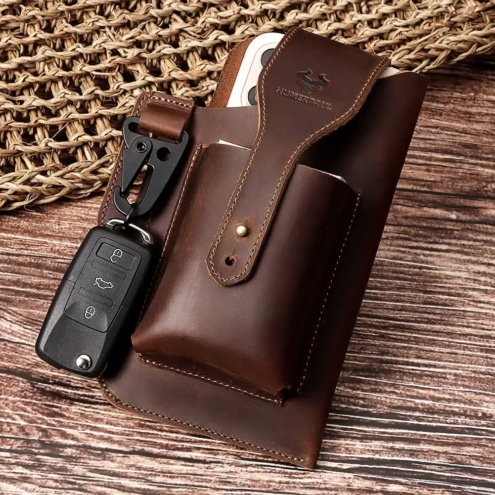 HUMERPAUL Men Vintage Leather Waist Bag for Mobile Phon Casual Carrying Cigarette Case Outdoor Belt Bag Male Small Loop Holster