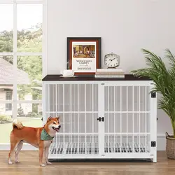 Heavy Duty Dog Kennels Metal Wooden Dog Crate End Table Furniture Style Pet Cage with Three Doors and Removable Tray