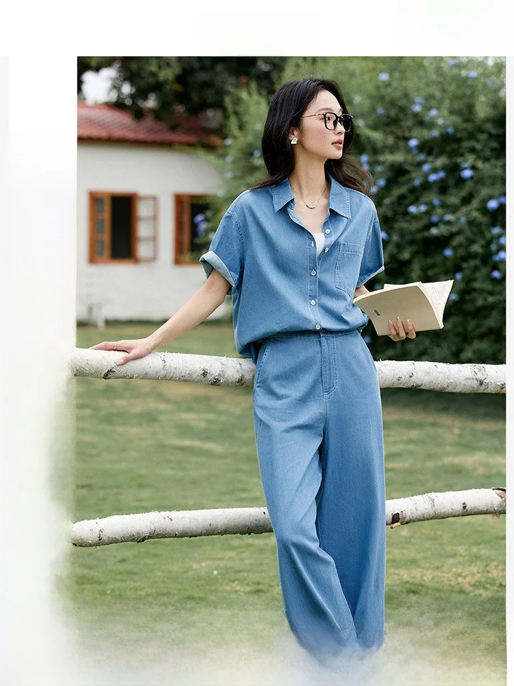 

2026 Summer New Women's Cotton Denim Set Wide Leg Pants Short Sleeve Button up Shirt Fashionable Commute Style Adult Clothing