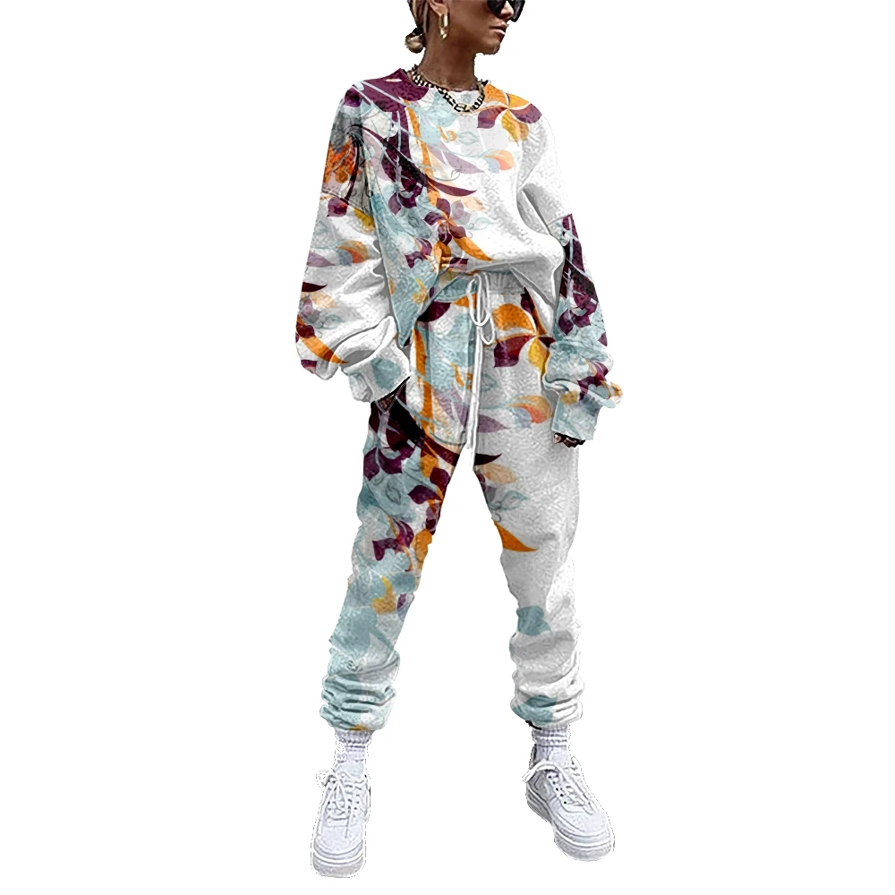 Women Tracksuit 2 Piece Outfit Sweatshirt+Straight Sweatpants Matching Set Abstract Art Pattern Fitness Sporty Streetwear 1