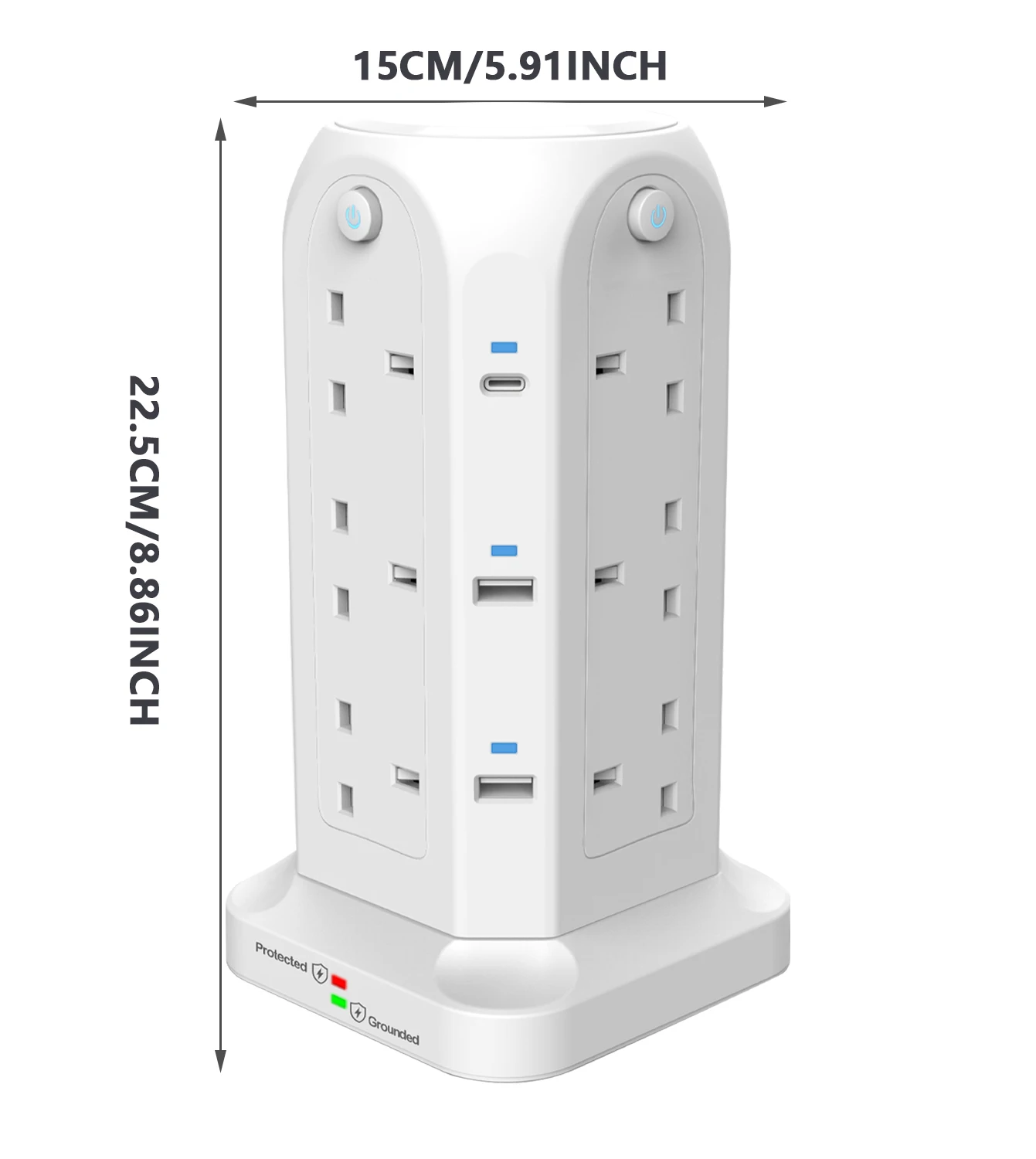 Power Strip Tower Multi Electrical Socket 12 Outlets 4USB Ports Charging 6.5Ft Extension Cable UK Plug Surge Protector For Home