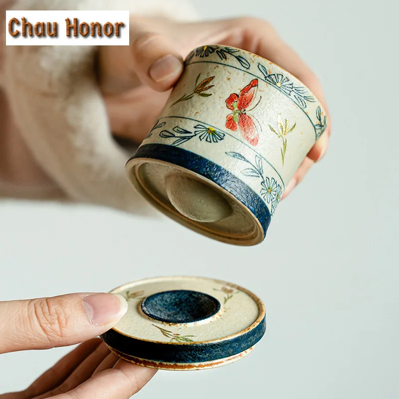80ml Blue And White Flint Red Rotating Cup Handmade Gold Drawing Butterfly Orchid Master Cup Personal Coffee Mug Beautiful Cups
