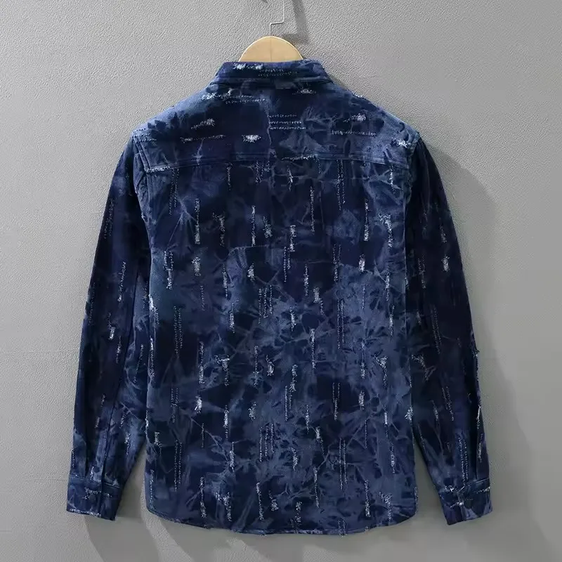 2026 Spring Autumn New Perforated Design Cotton Long Sleeve Men's Printed Denim Shirt Big Pocket Turn-down Collar Streetwear