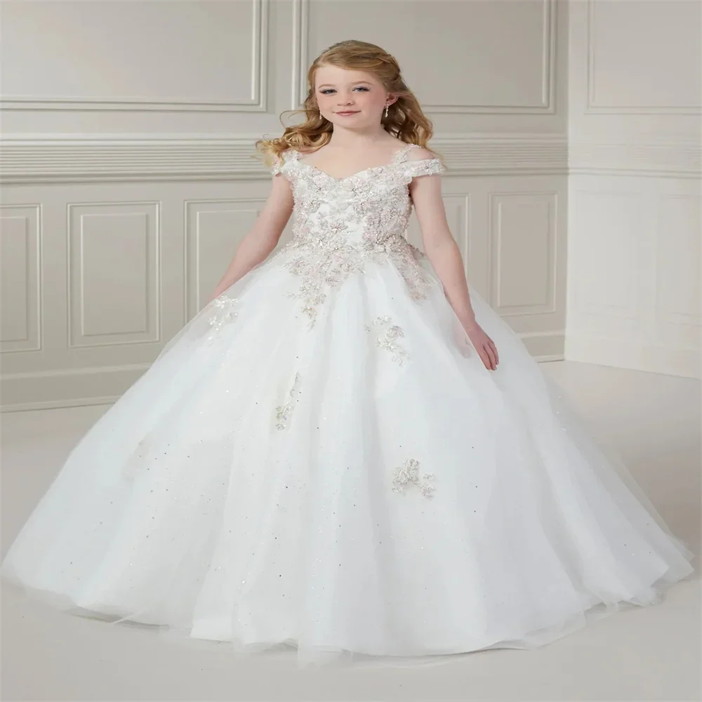 

White Applique New Flower Girl Dress For Wedding Sequins Puffy Shining Elegant thin shoulder straps Used for Birthday Party