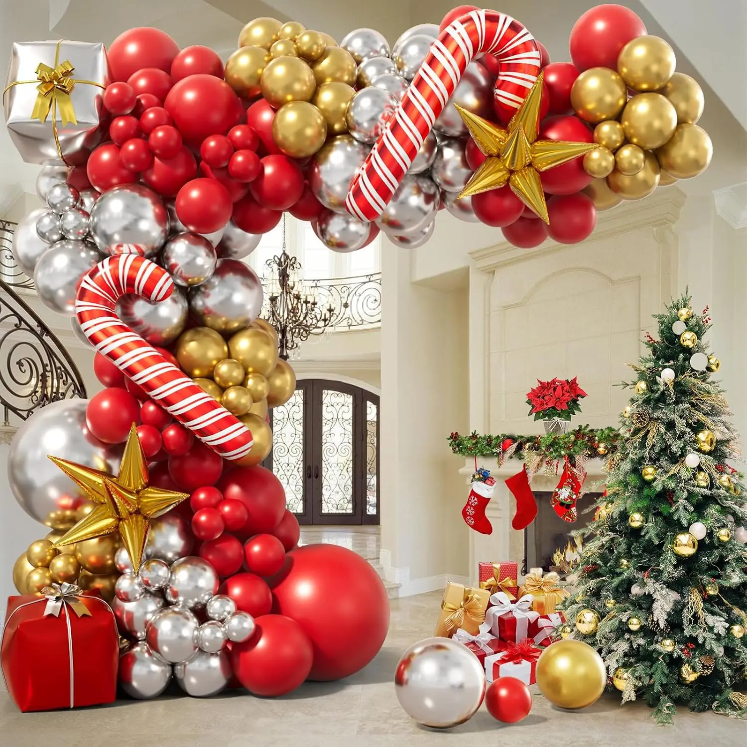 Christmas Balloon Garland Arch Kit - Xmas Red Gold Silver Candy Cane Balloons Gift Box Starburst Balloons for New Year Winter Christmas Party Decorations