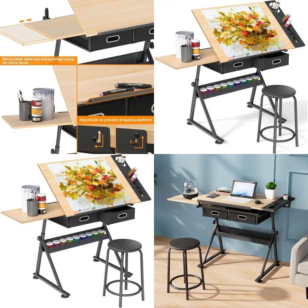 

Деревянный регулируемый по высоте чертежный стол с выдвижными полками, идеально подходит для творчества, письма и креативных рабочих пространств дома.