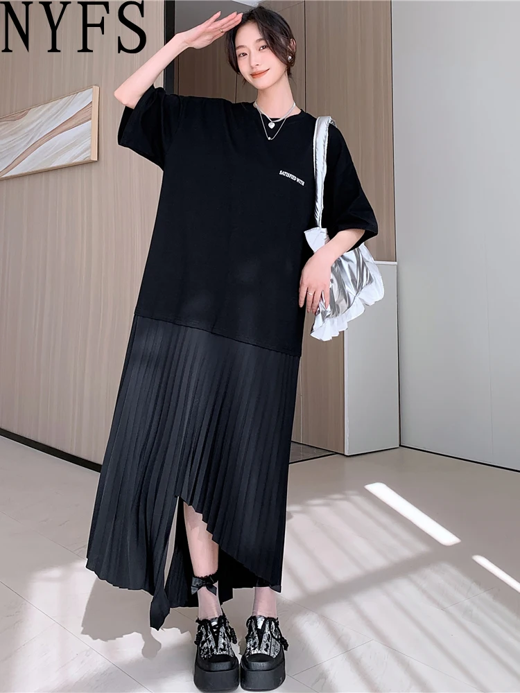 NYFS حجم كبير فستان نسائي فضفاض صيف 2025 النمط الكوري قصيرة الأكمام طباعة فستان طويل رداء Elbise