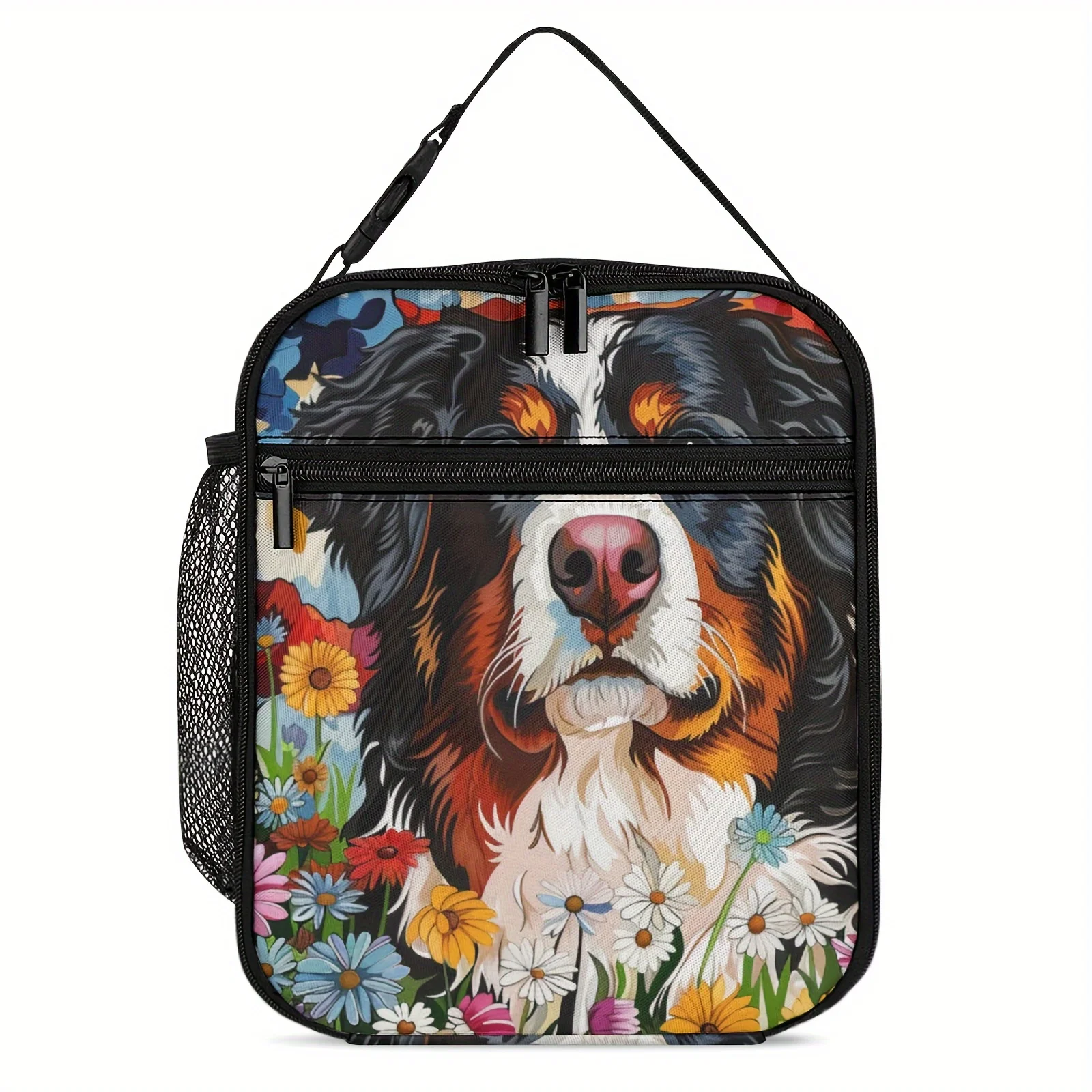 

Lightweight Portable Lunch Bag - Hand Washable Polyester with Playful Cartoon Dog & Floral Design, Mesh Side Pocket for Water Bo