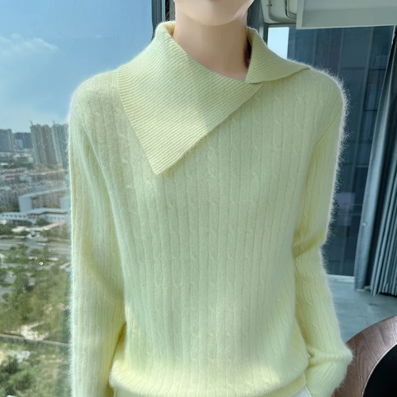 

Новый хит продаж, 100% чистый норковый кашемировый вязаный женский свитер с лацканами, облегающий модный женский пуловер с длинными рукавами