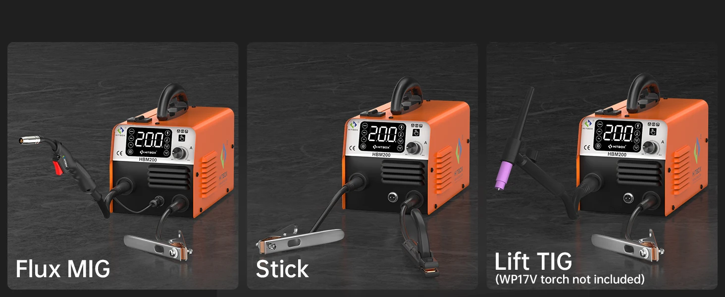 HITBOX HBM200 MIG TIG MMA Welding Machine 3 IN 1 Synergy Inverter Welder Gasless Flux Core Semi-Automatic Soldering Portable Inverter Equipment for Iron Metal Work