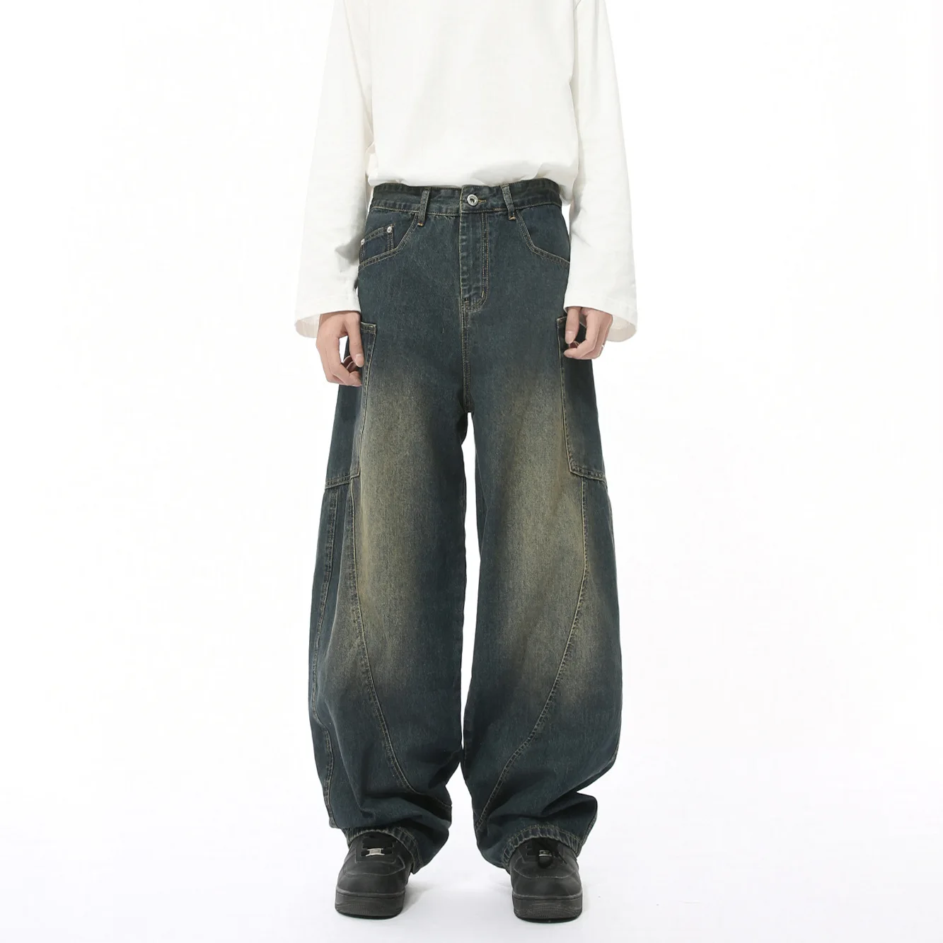 Men's Korean-style structure divided-line three-dimensional curved-edge pocket workwear jeans