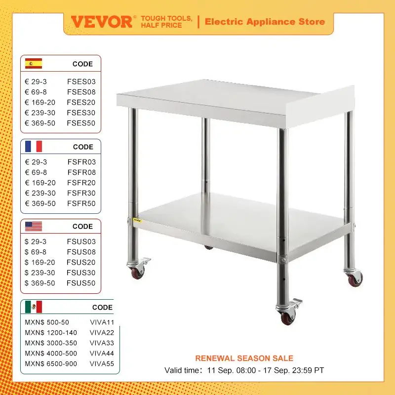 Mesa de preparação de trabalho de aço inoxidável VEVOR 24 x 15 x 35/24 x 24 x 35/30 x 24 x 35/36 x 24 x 35 polegadas 440 libras com backsplash e rodízios