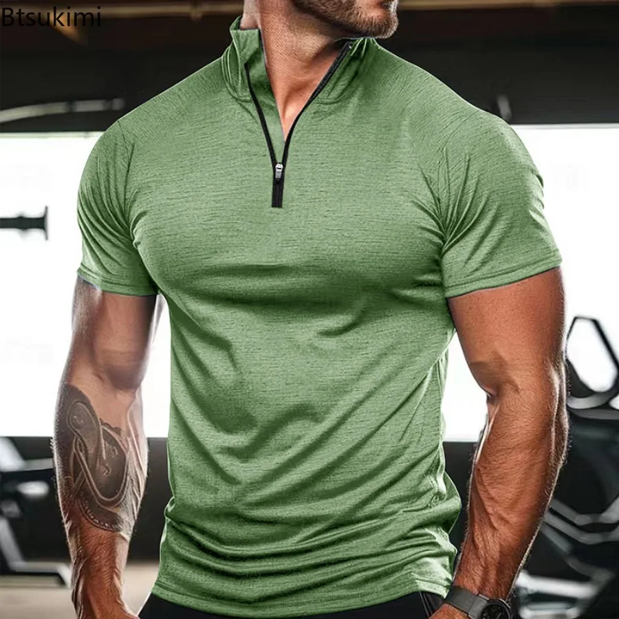 2026 Men's Solid Short Sleeve T-shirts Fashion Half Zip Stand Collar Outdoor Casual Sport Tees Lightweight Fitness Jogging Tops