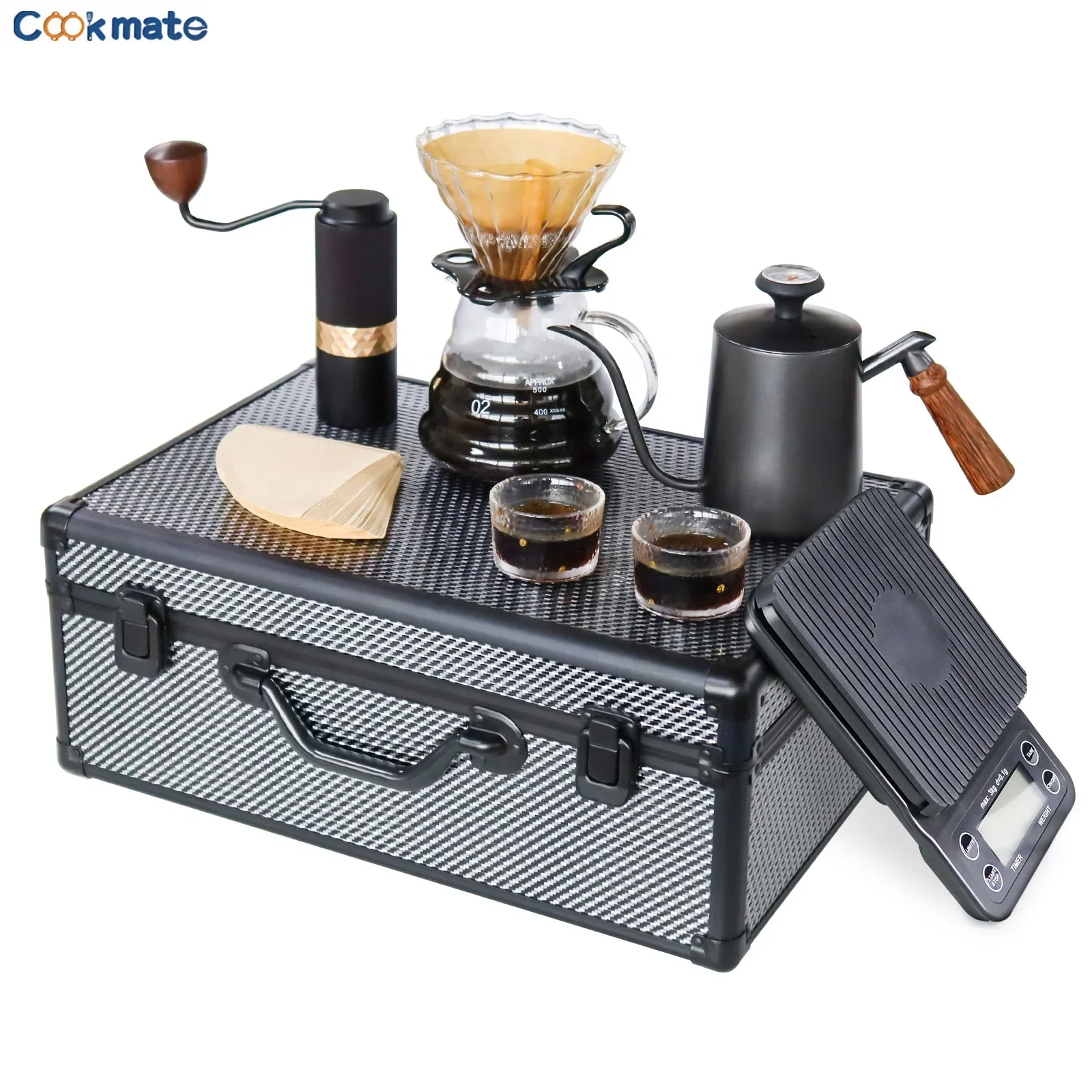 New 8-pcs Coffee Kettle Scale Double Glass Mug Glass Pot Glass Dripper Alloy Grinder Travel Case Coffee Maker Accessories Set