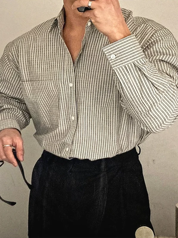 

American Stripe Men's Casual Long Sleeve Shirt Classic Pocket Design Workwear Base Layer Trendy Fashion Youth Standard Fit