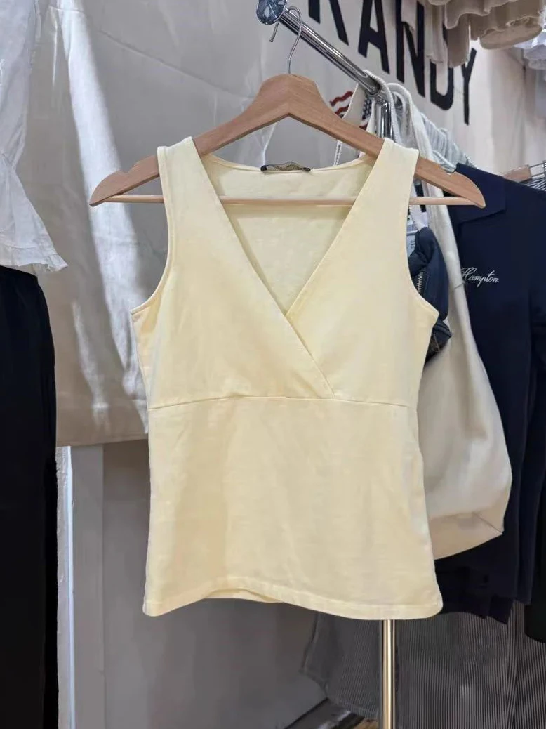 

Yellow Basic Tank Top Woman Summer Sexy V-neck Sleeveless Cotton Slim Camisole Female Casual Simple Preppy Style Crop Tops New