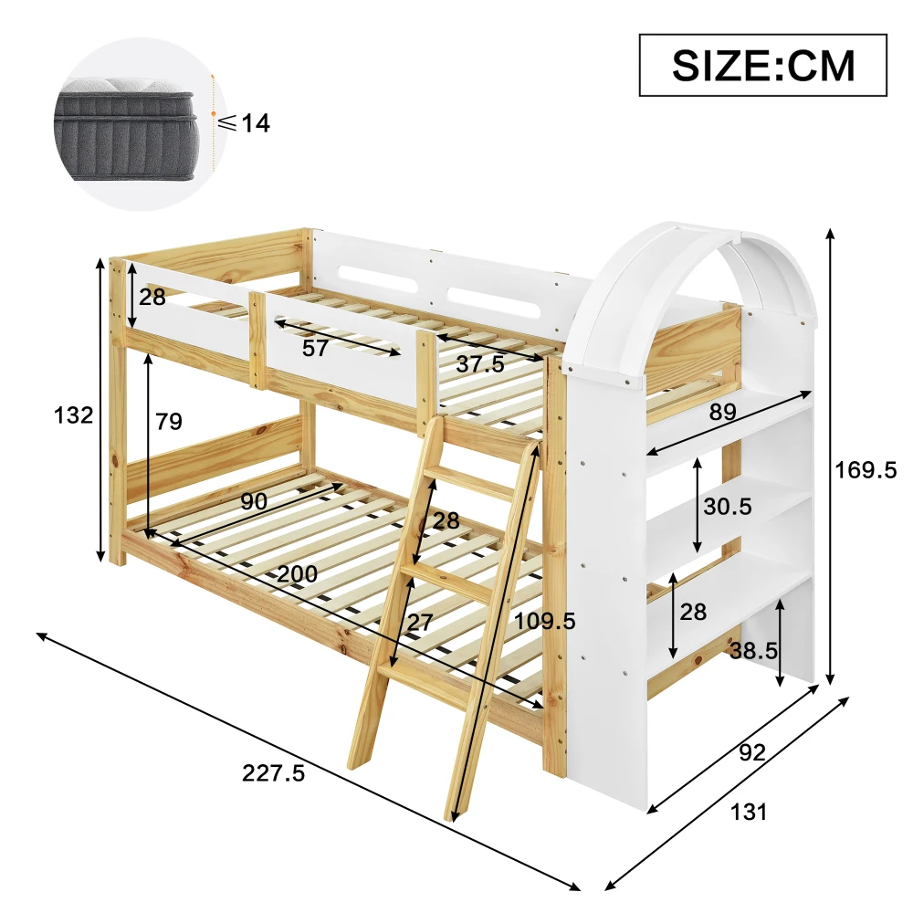 Kinder-Etagenbett mit 3-stufigem Regal, 3-stufiger Leiter und Sicherheitsgitter – stabile Lattenrostkonstruktion, geeignet für Kinderzimmer (ohne Matratze). – Detail 7