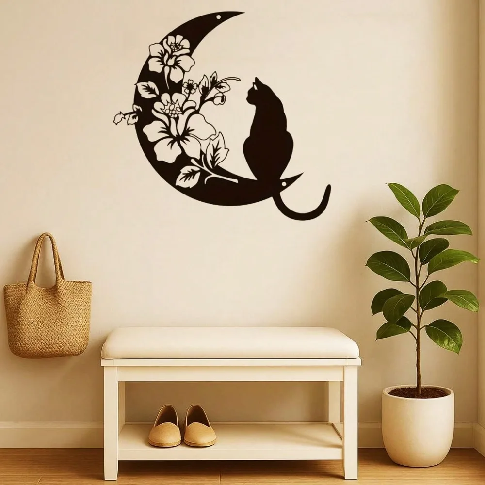 Brand Cat Moon Metall-Wandkunst, schwarze Eisenskulptur für den Innen- und Außenbereich, Garten, Heimdekoration, Geschenk