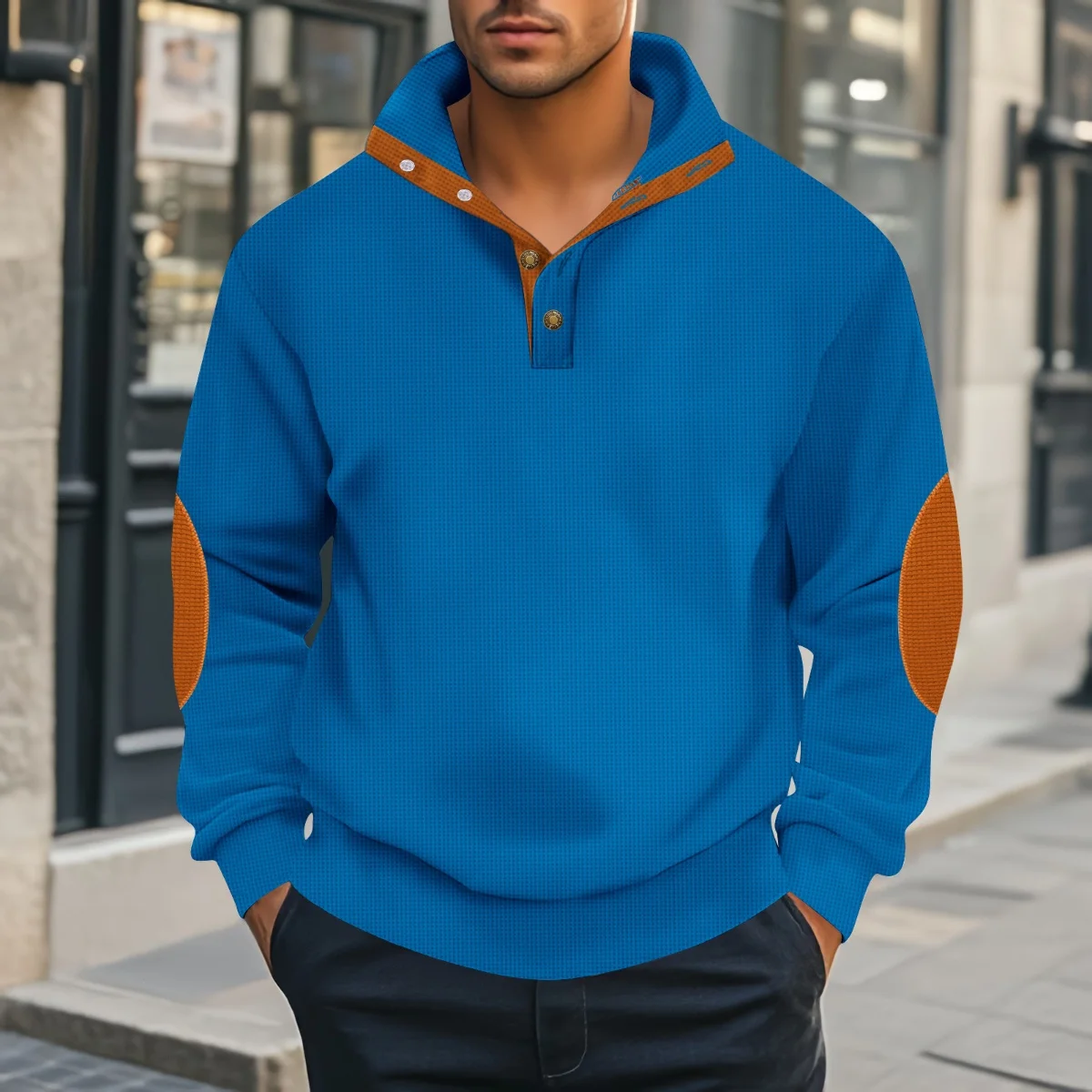 Men's Autumn 2025 Waffle Fabric Pullover Sweatshirt Casual Standing Collar Long Sleeve with Colorful Collar New Style