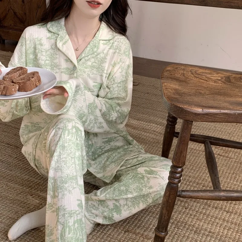 

New Women's Pajamas Cotton Sleepwear Sweet Cute French Print Pajamas Women Long Sleeve Pyjamas Female Set Negligee Cardigan Suit