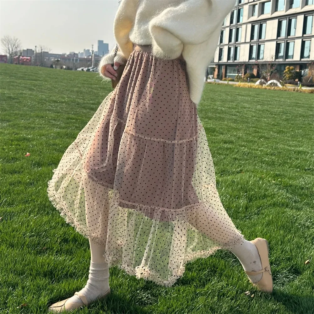 Irregular Ruffle Mesh Skirts Woman Polka Dot Sweet Spring Autumn Midi Skirt Korean Fashion Versatile Elegant Retro Jupe Femme