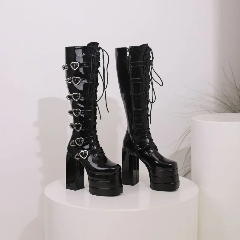 Black Square Toe Platform Women Over-the-knee High Boots Chunky Super High Heel Cross-tied Belt Buckle Heart-shaped Ladies Shoes