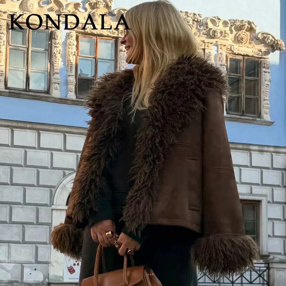 

KONDALA 2025 осень-зима винтажные женские пальто из искусственного меха модные коричневые теплые элегантные шикарные женские пальто с отложным воротником